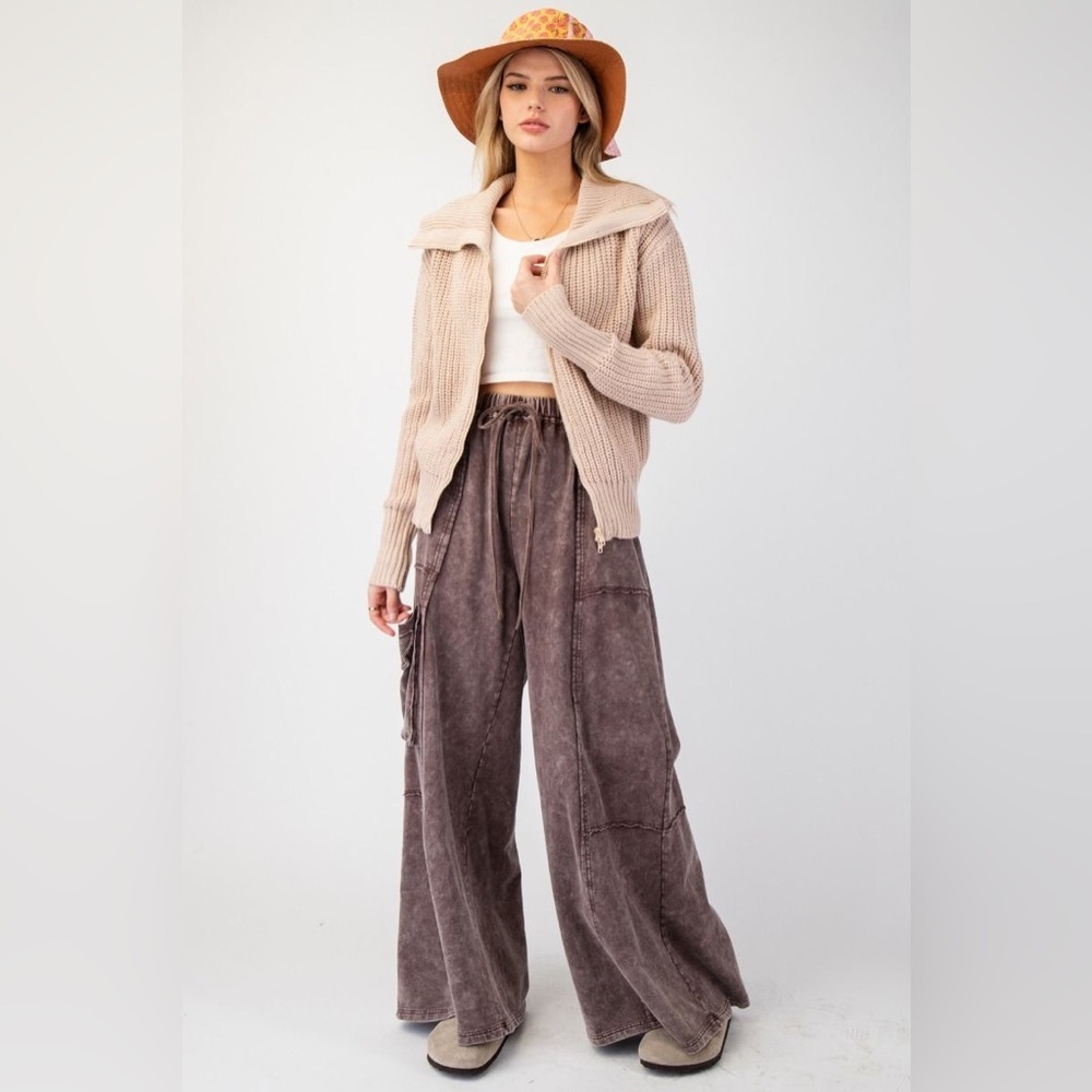 Part Of The Journey Mineral Washed Wide Leg Pants in Dark Mocha eb90054 large - Picture 3 of 5